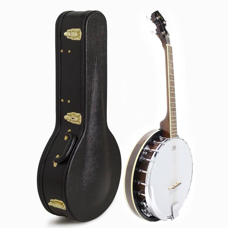 Hard black hard-shell case standing upright next to a banjo with a wooden neck and white drumhead on a white background.