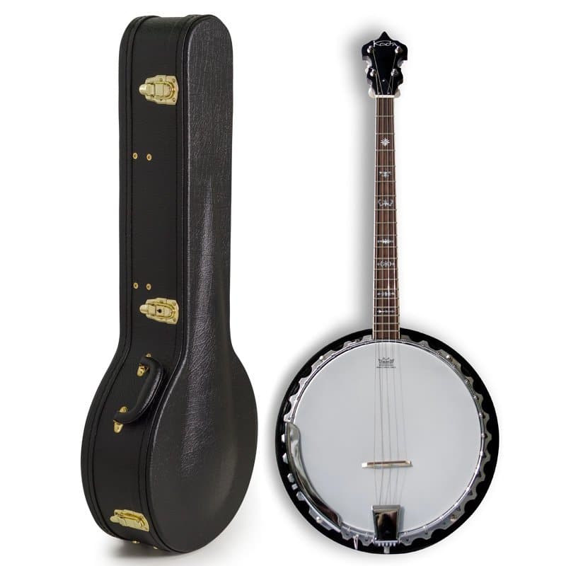 Banjo placed beside a black hard-shell case, both standing upright on white background.