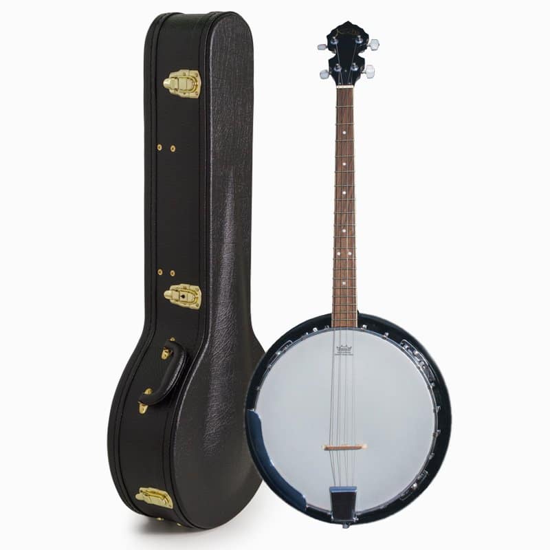 Banjo leaning against a black hard-shell case with gold latches, showing a wooden neck and circular silver drumhead.