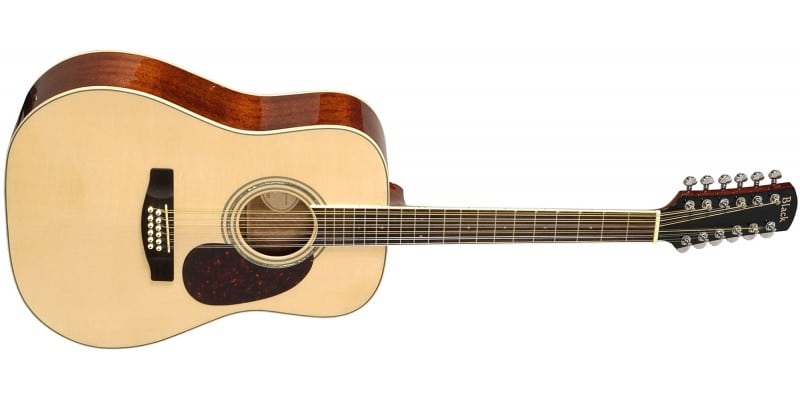 Natural wood acoustic guitar (dreadnought) with a light top, dark sides, and a 12-string headstock visible on the right side