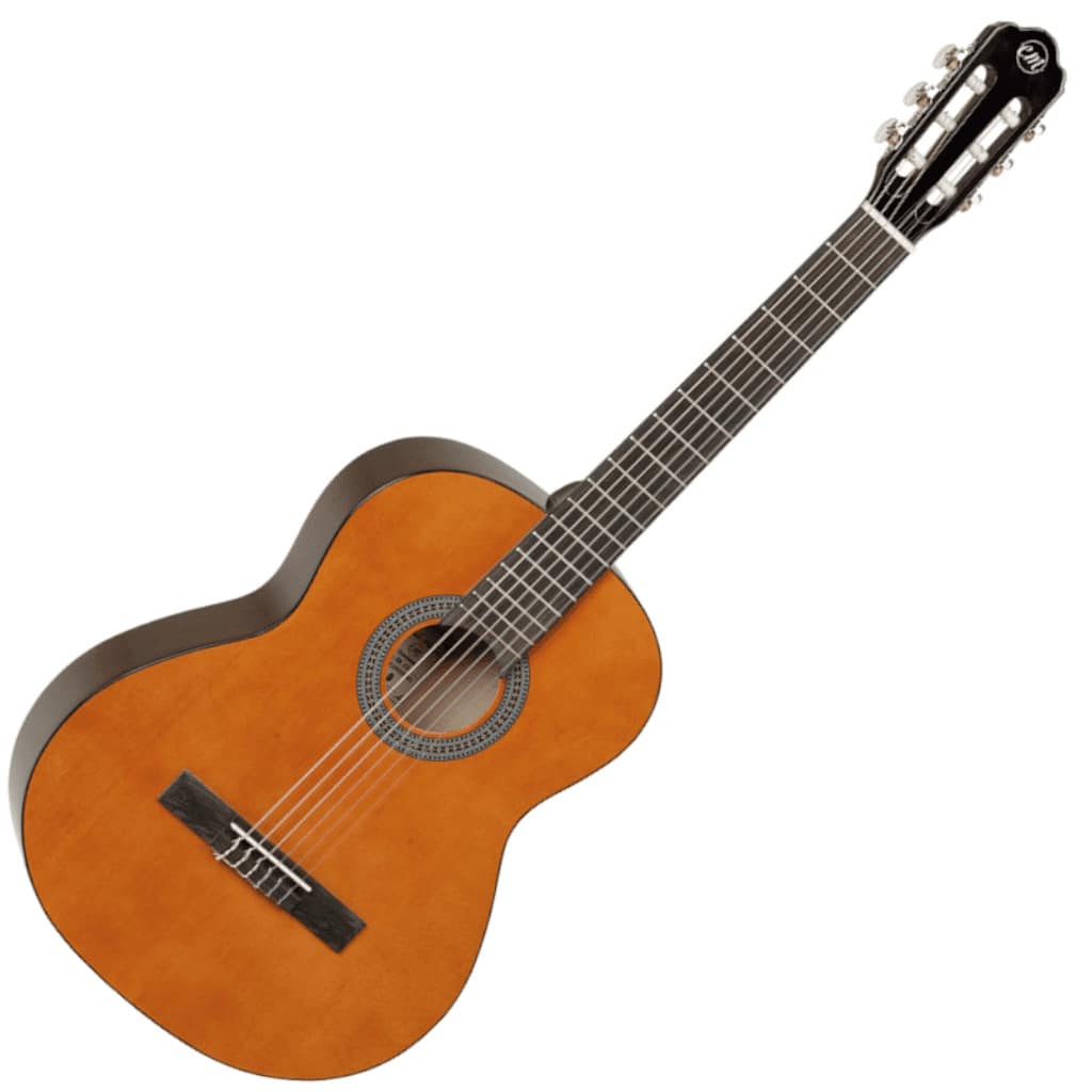 Classical guitar with a warm brown body, circular rosette, and a diagonally oriented neck and strings.