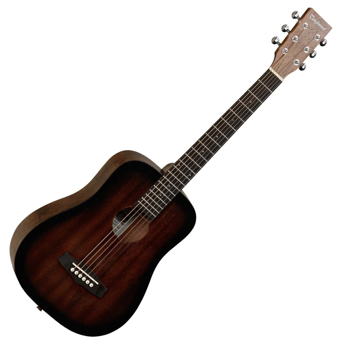Taylor acoustic guitar with a dark brown stained body and six strings, angled diagonally to the upper right