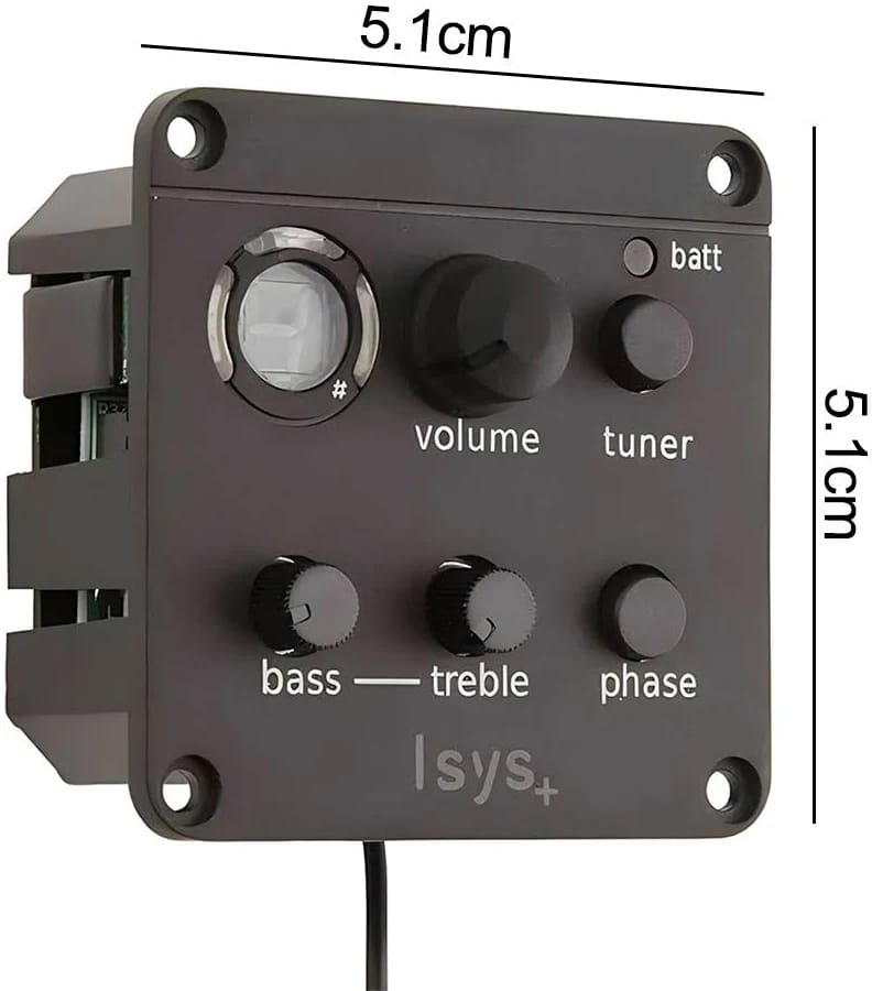 Compact car audio control panel (5.1 cm square) featuring volume, tuner, bass, treble, and phase knobs, plus batt indicator; brand Lsys+