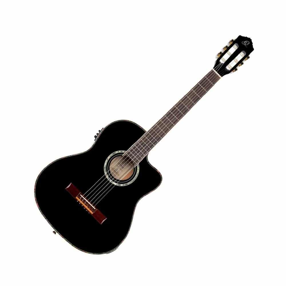 Black classical guitar diagonally oriented on a white background with a round soundhole.