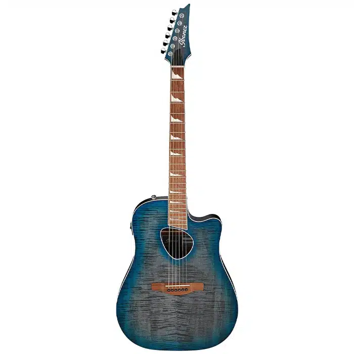 Blue flame-maple top acoustic guitar with a cutaway body and six steel strings, displayed upright.