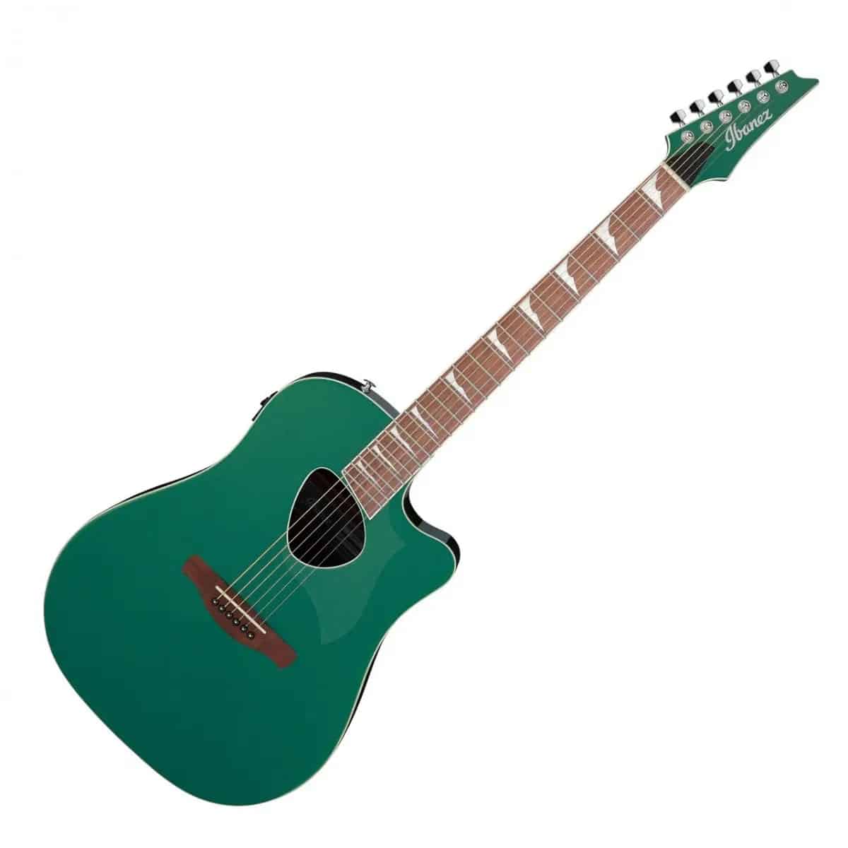 Diagonal view of a green acoustic guitar with a cutaway, brown bridge, and white fret markers, angled across the image.