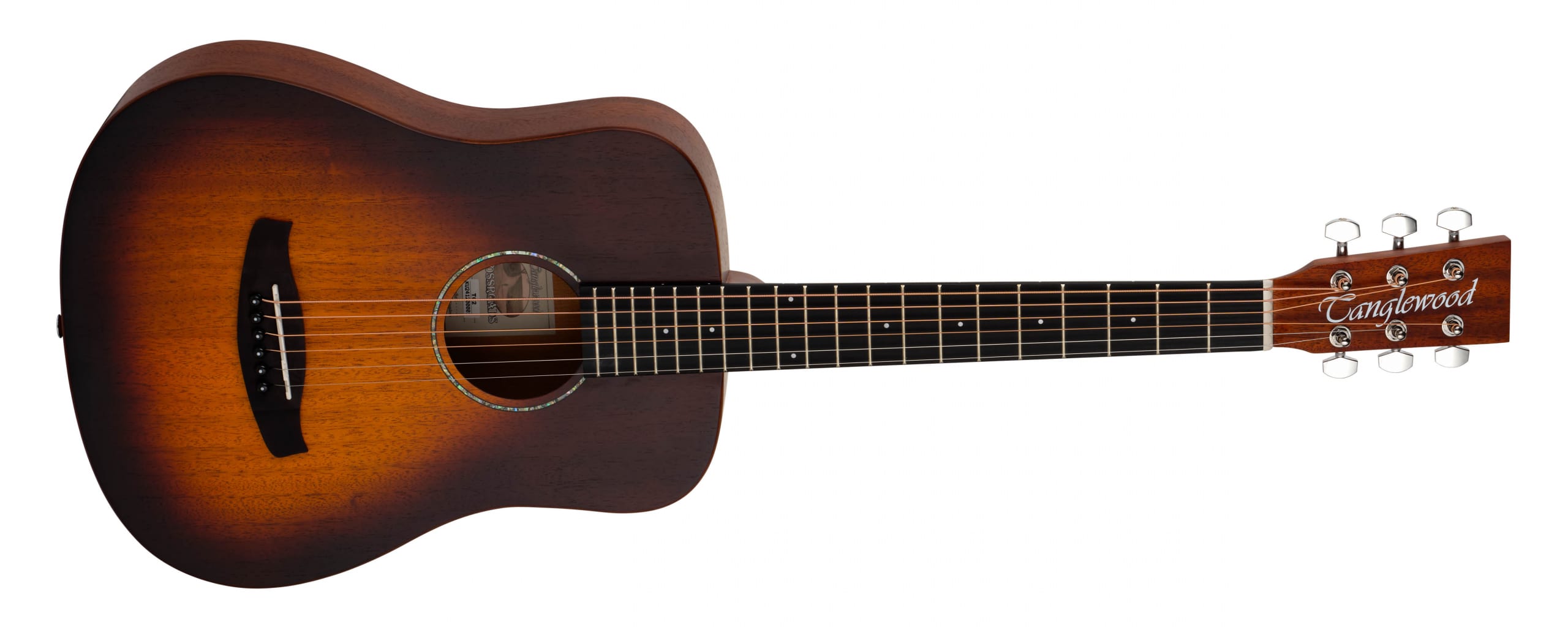 Sunburst acoustic guitar with a dark-to-light gradient, six strings, and a Canglewood headstock shown in full view.