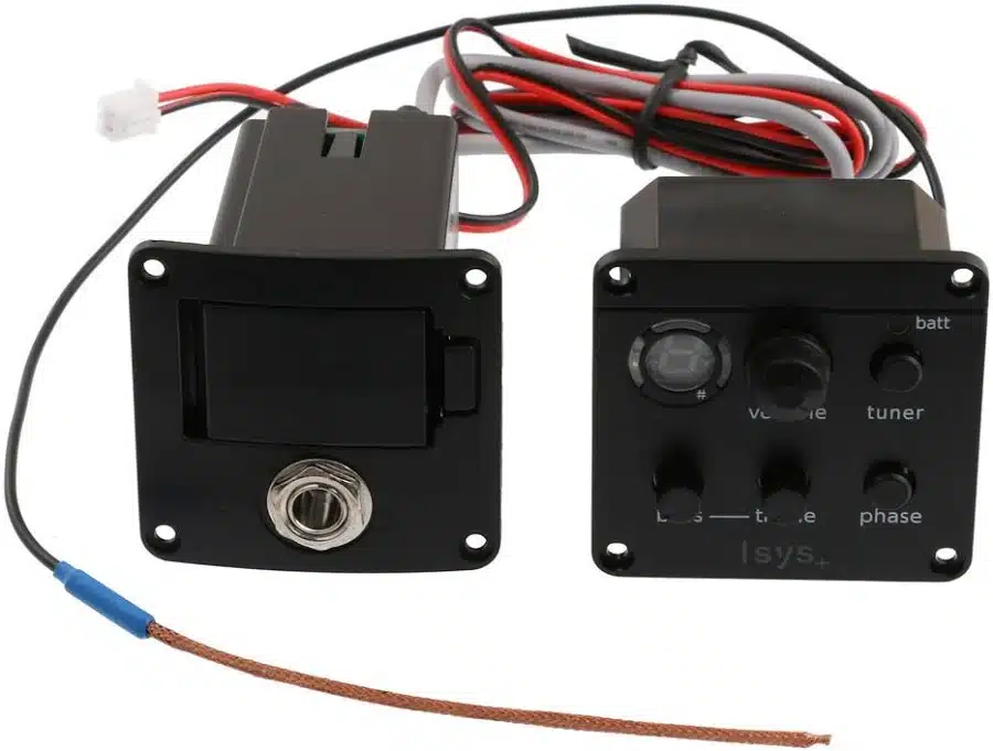 Two black rectangular electronic modules connected by a bundle of red, black, and gray wires; the right unit has knobs labeled batt, tuner, and phase.