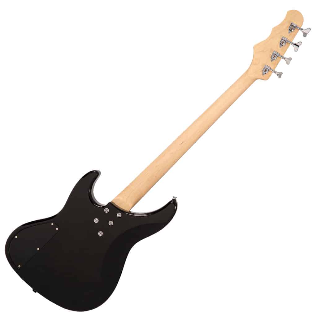 Back view of a black electric guitar with a natural maple neck and headstock, body shows control cavity cover and input jack side panel
