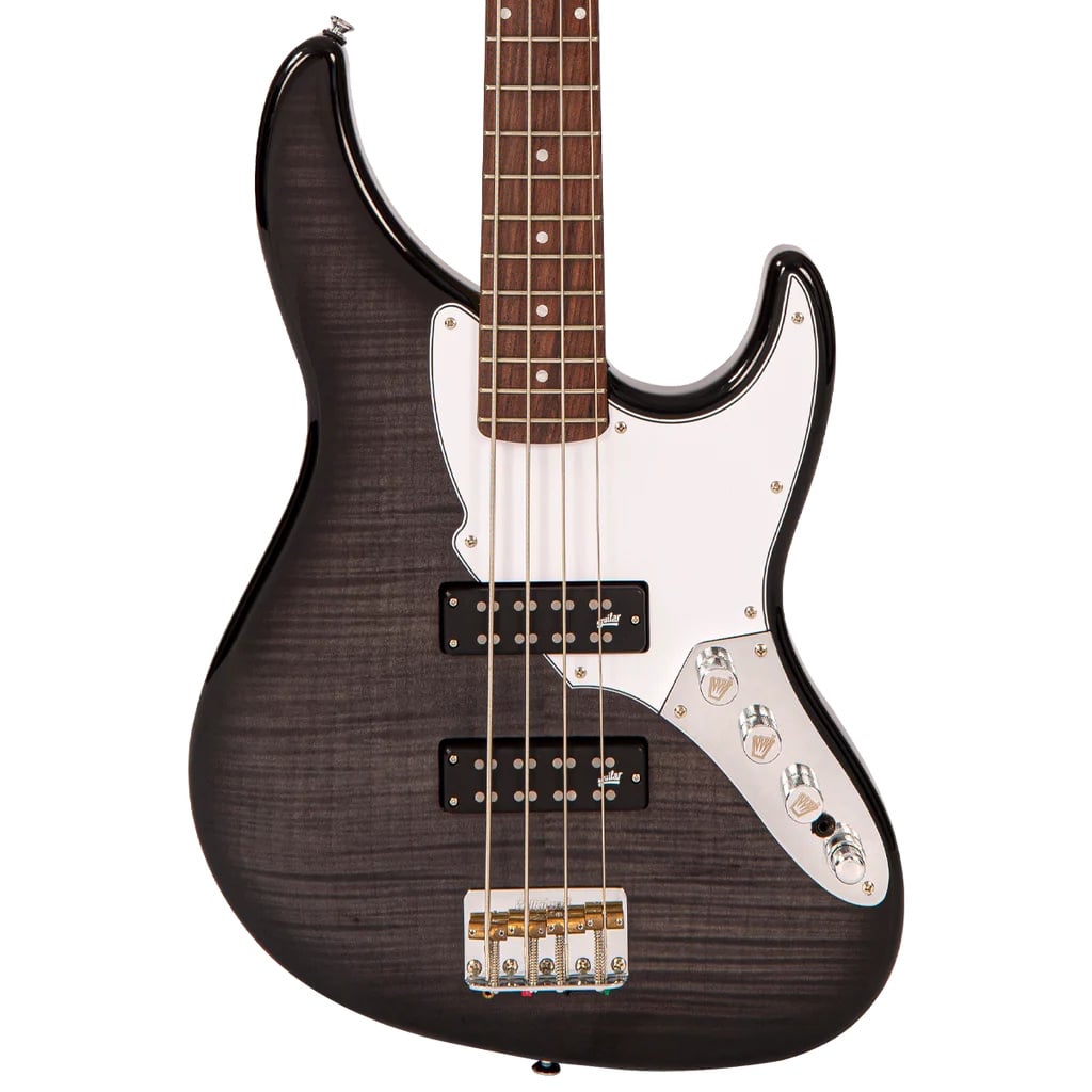 Dark sunburst electric guitar with white pickguard and three pickups on a white background.