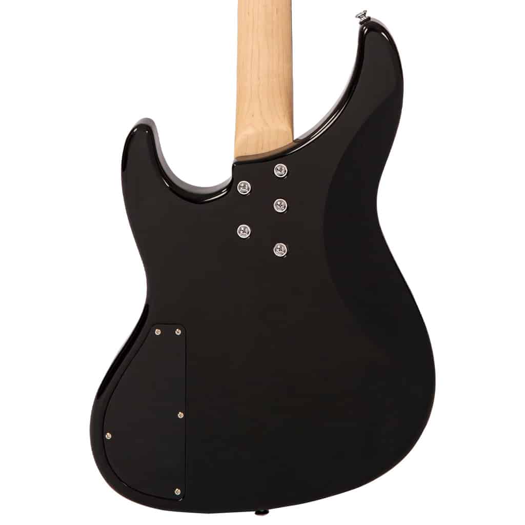 Back of a glossy black electric guitar with a natural wood neck; visible neck screws and a rear access plate on the body