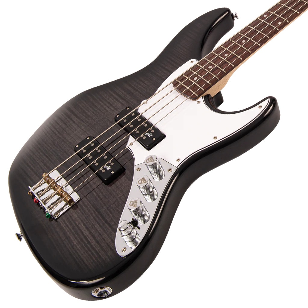 Black electric bass guitar with a white pickguard and three chrome control knobs on a curved body.