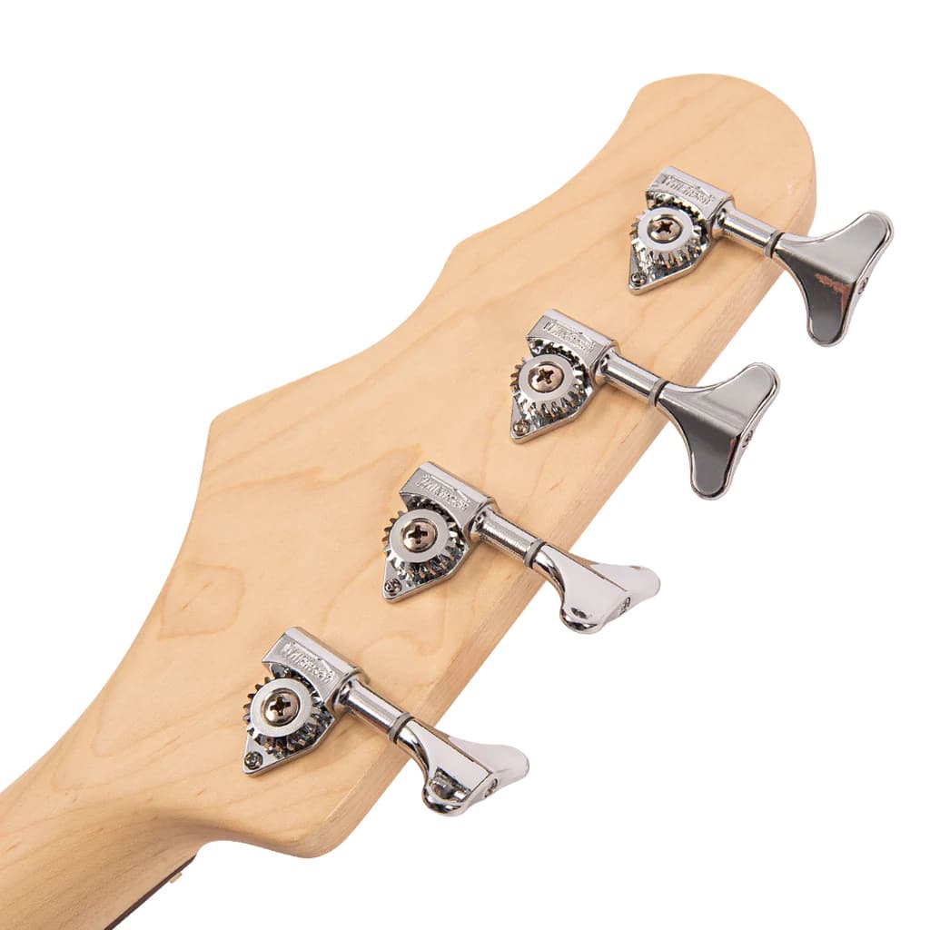 Close-up of a guitar headstock showing four chrome tuning pegs on a light wood neck