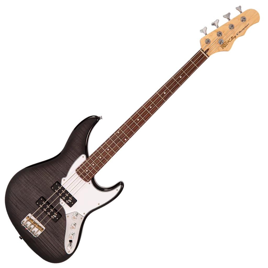 Electric bass guitar with a dark translucent finish, white pickguard, and chrome hardware angled diagonally across a white background.