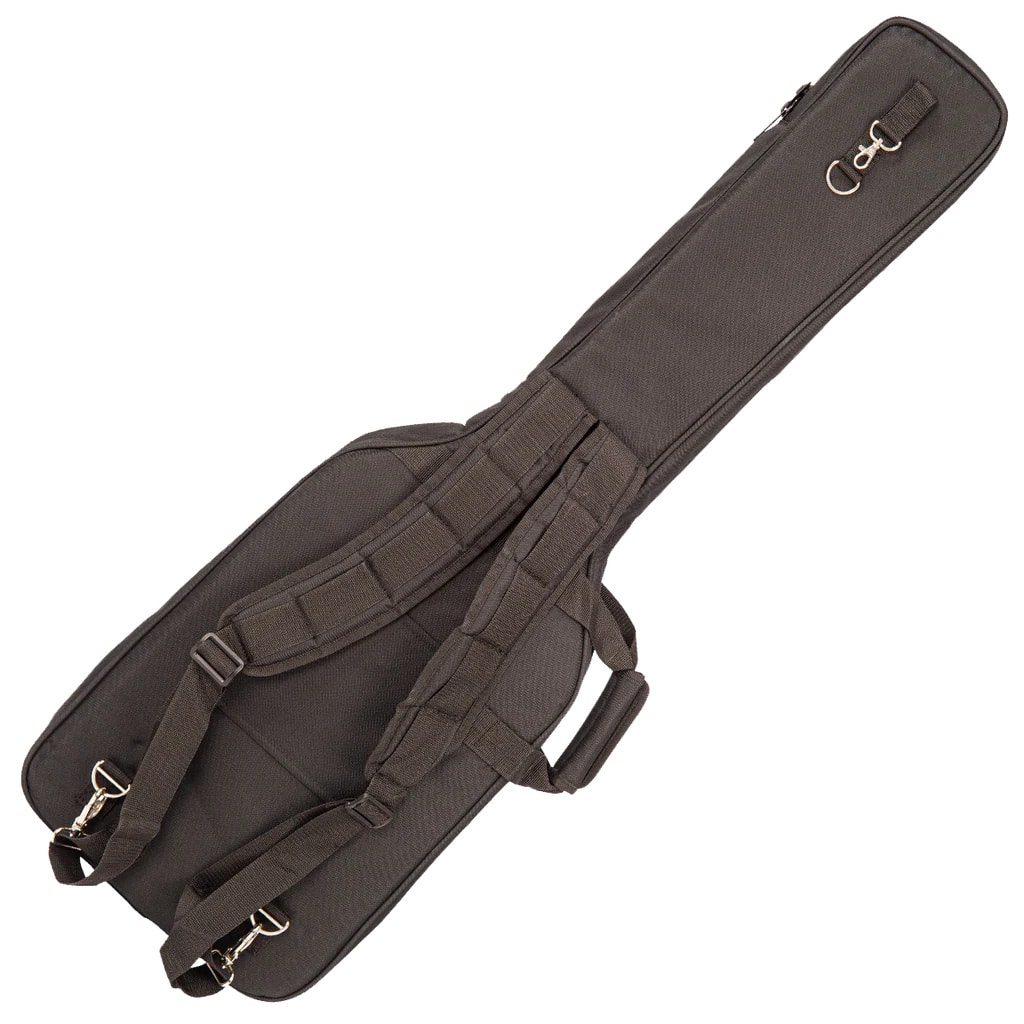 Long black padded instrument gig bag with multiple straps and metal hooks on the ends.",