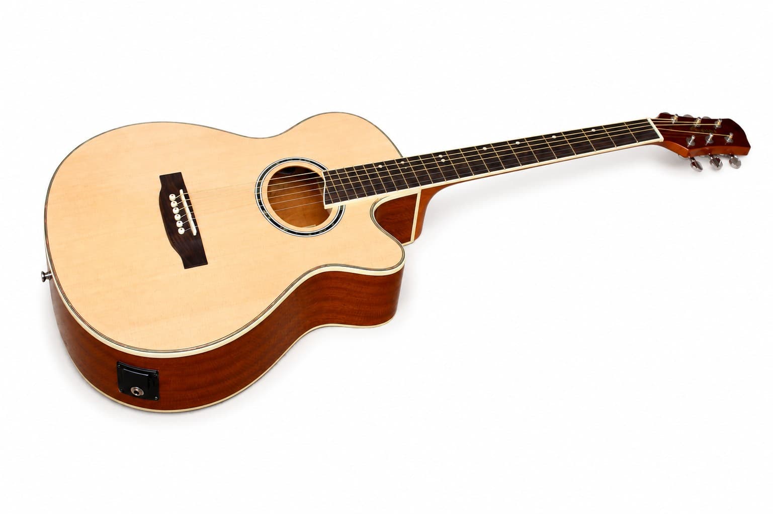 Acoustic guitar with a light wood top and dark sides, cutaway body, lying on a white background.