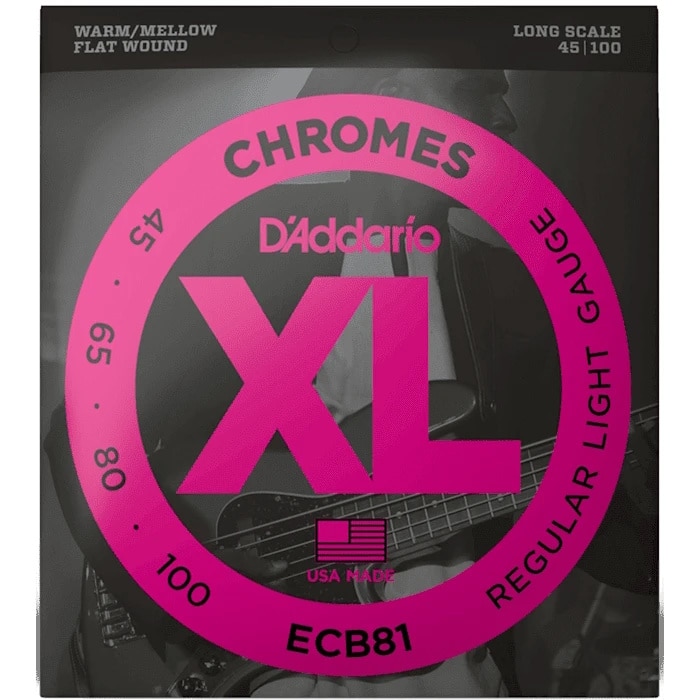 Front of D'Addario XL Chromes guitar strings packaging: bold pink circular ring with XL, 'Chromes' at top, 'USA MADE' and 'EC81' at bottom, gauge 45-100, long scale