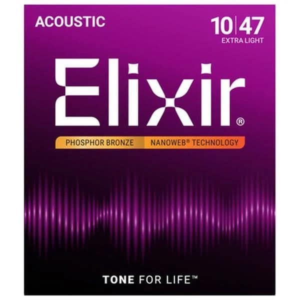 Elixir acoustic guitar strings package in purple with 'Elixir' logo and '10-47 Extra Light' on top corner, Phosphor Bronze Nanoweb technology, Tone for Life.
