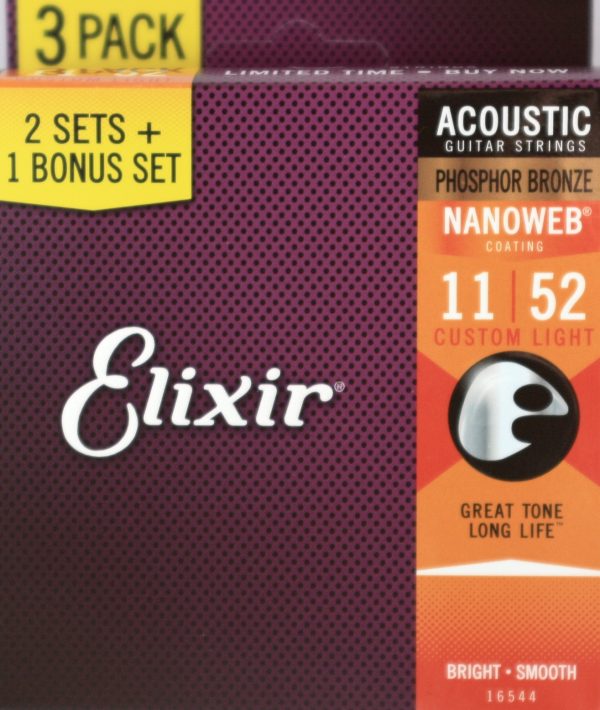 Elixir Nanoweb acoustic guitar strings 11-52 3-pk